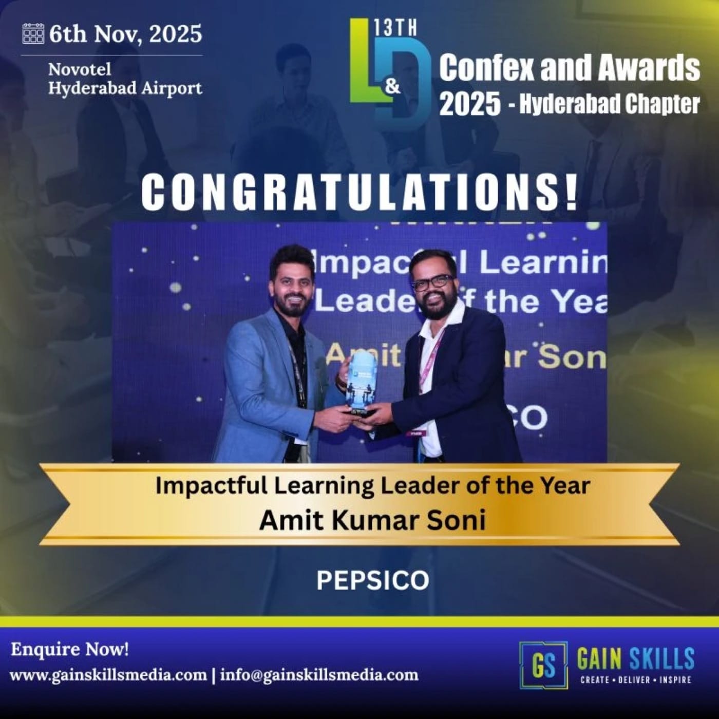 Amit Kumar Soni accepting the Impactful Learning Leader of the Year award at the 13th L&D Confex and Awards, Hyderabad.