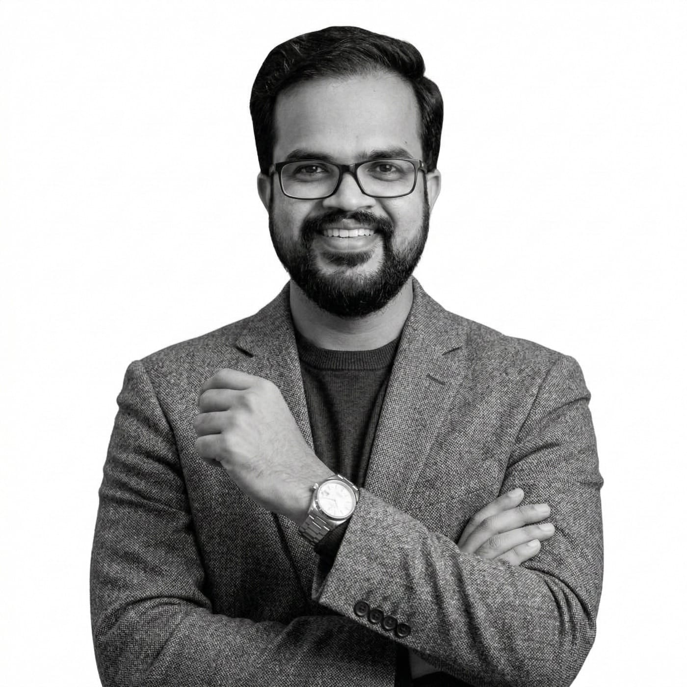 Black and white portrait of Amit Kumar Soni, smiling, arms crossed.