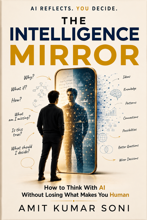Book cover: The Intelligence Mirror, by Amit Kumar Soni. AI reflects. You decide. How to think with AI without losing what makes you human.