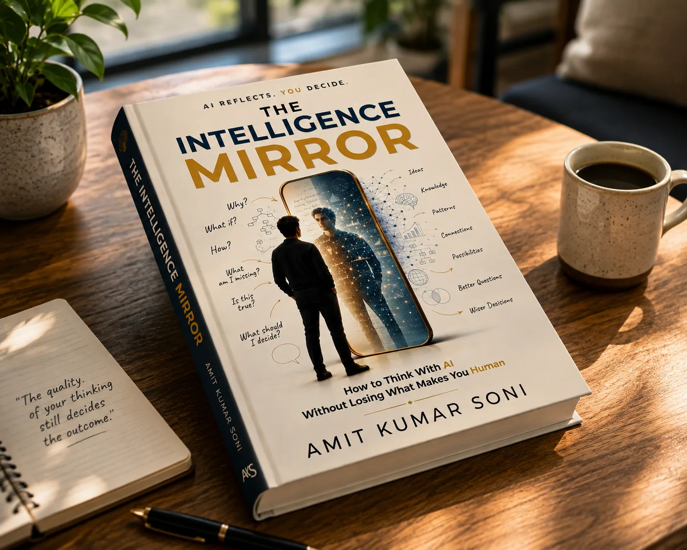 The Intelligence Mirror on a wooden desk beside a coffee cup and an open notebook.
