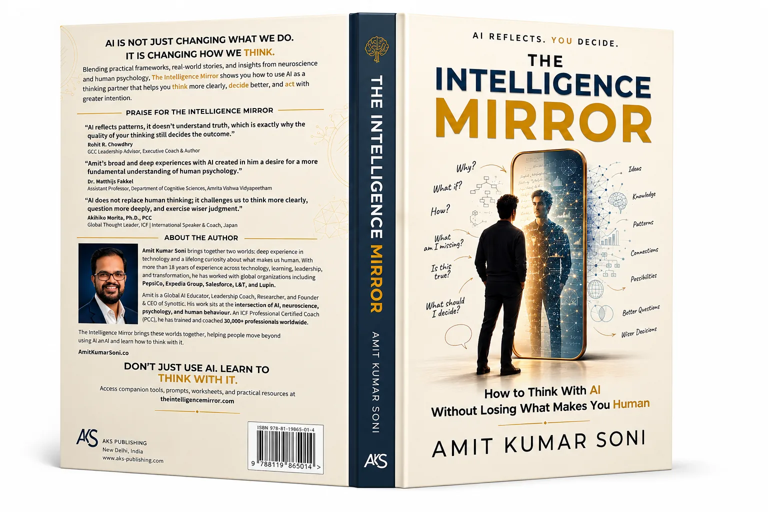 The full wraparound jacket of The Intelligence Mirror, laid flat.