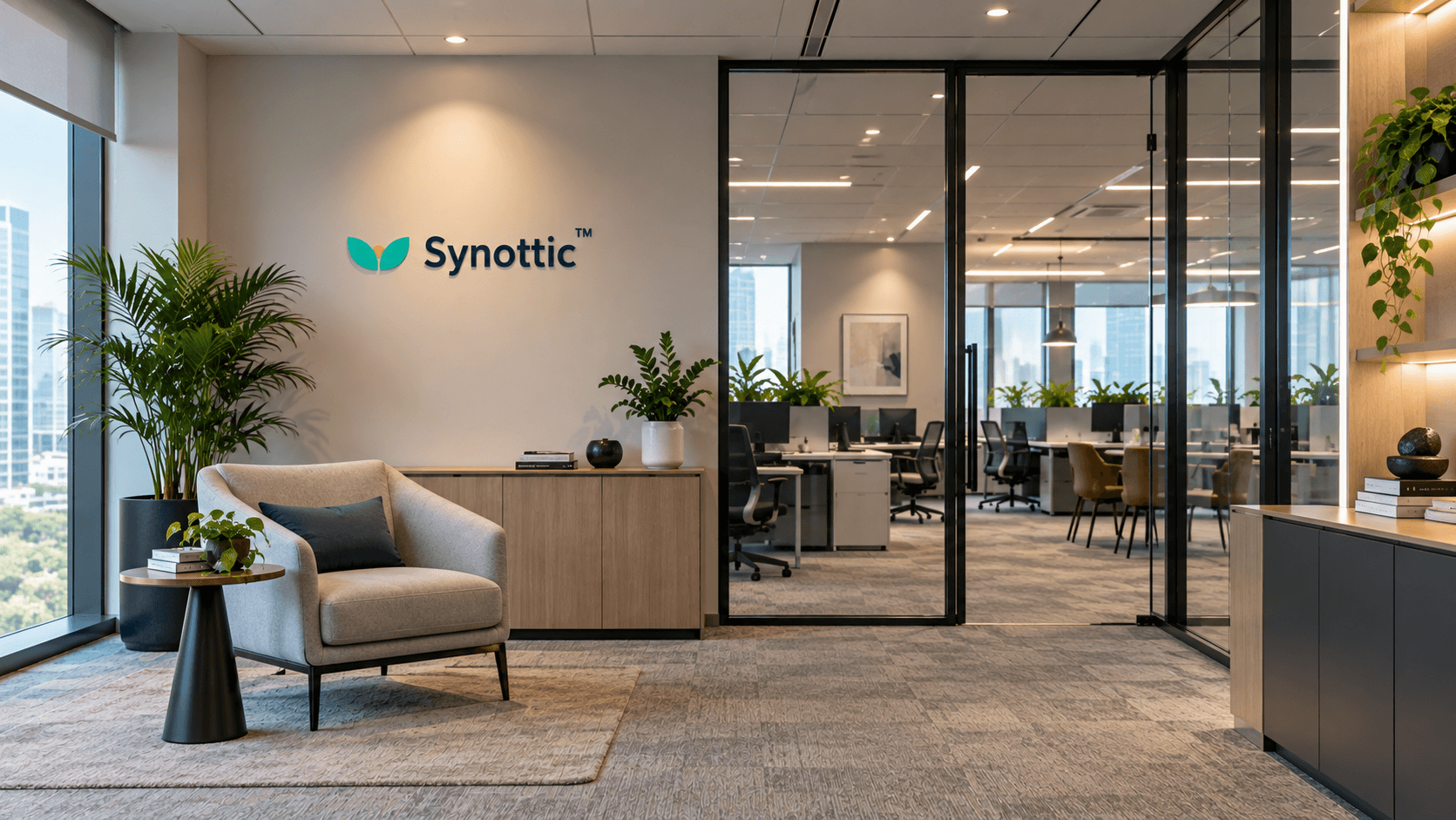 A Synottic office reception area with the brand logo on the wall.