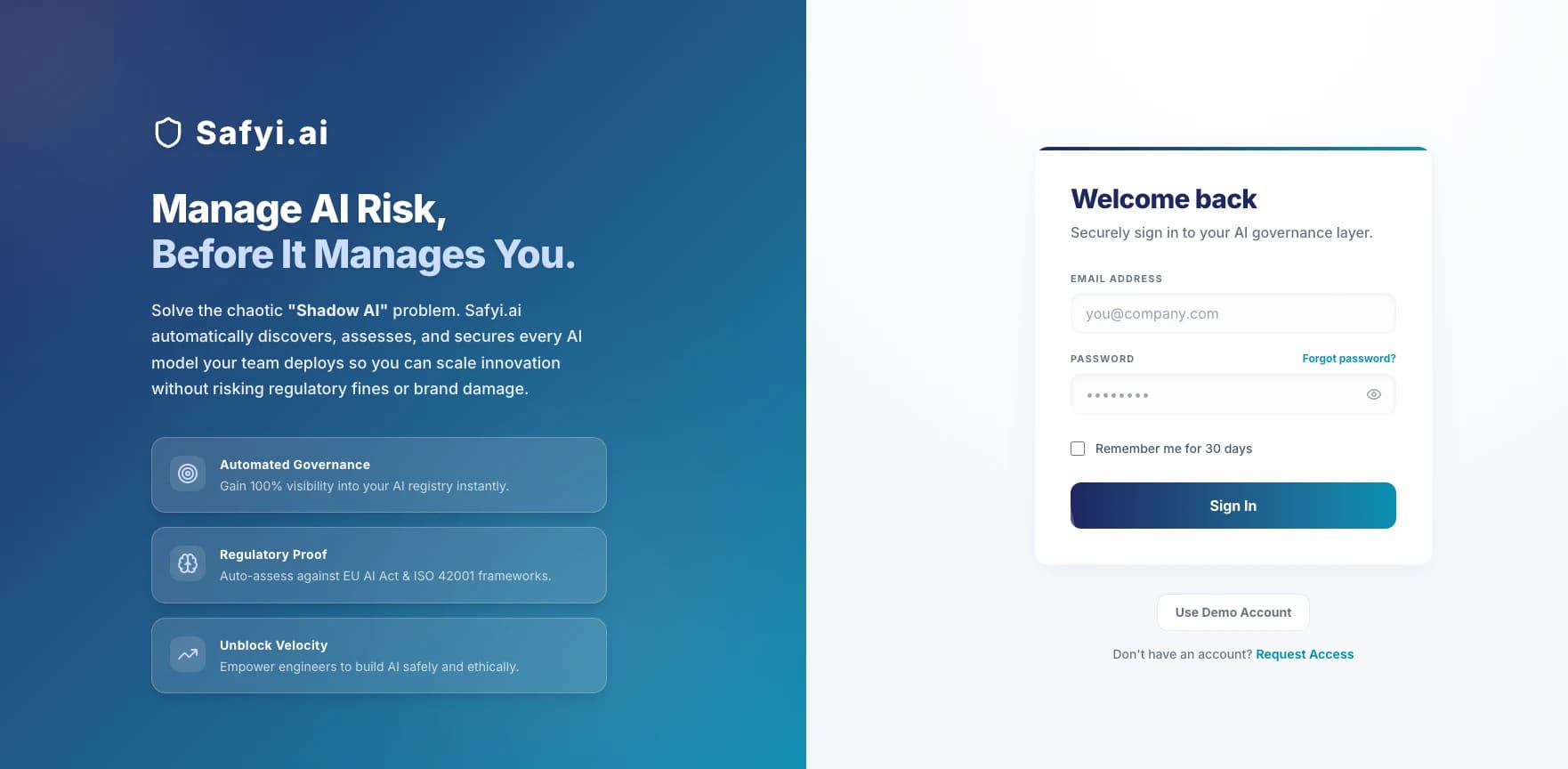 Safyi.ai homepage: ‘Manage AI Risk, Before It Manages You’, beside its sign-in screen.